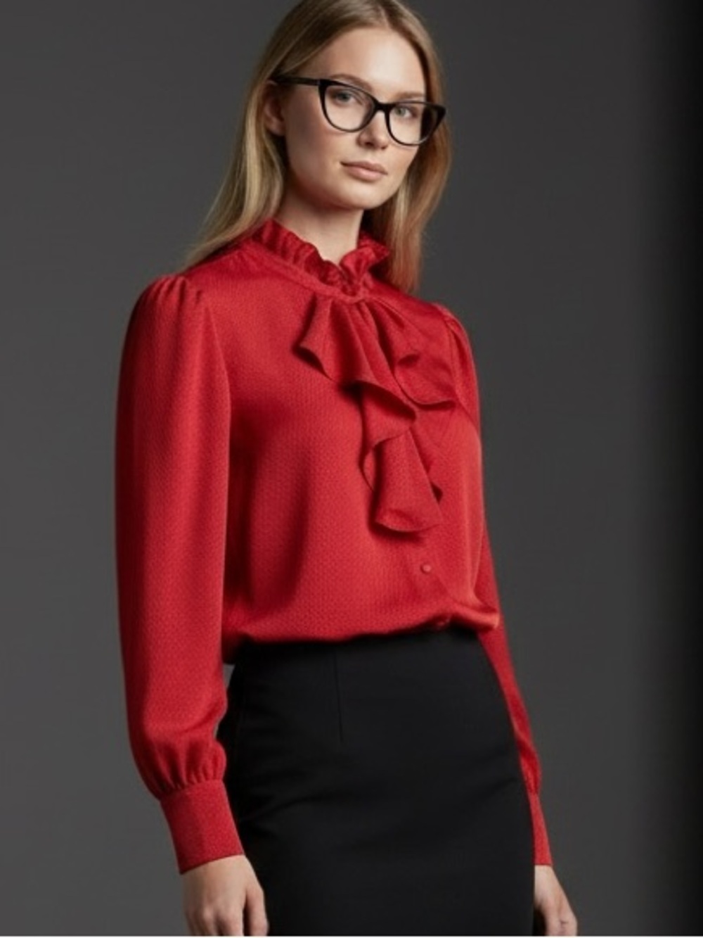❤️ Vintage Red Jacquard 80’s Secretary Ruffle Long Sleeved Blouse